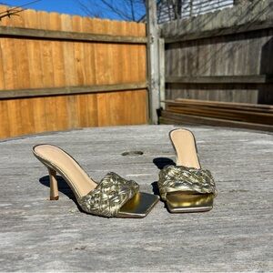 Marc Fisher Norsa Block Heel Braided Sandal gold Leather classy fall size 7.5‎